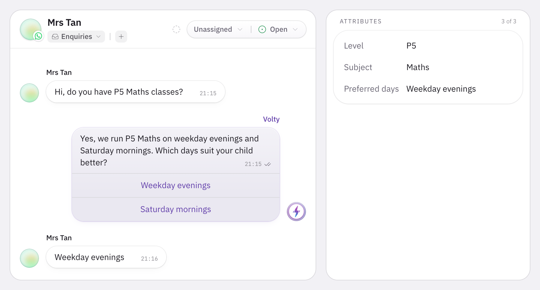 A parent asks about P5 Maths on WhatsApp at 9.15pm, Volty asks which days suit the child, and the contact card shows Level P5, Subject Maths and Preferred days Weekday evenings.