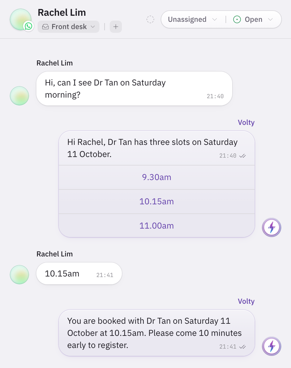 A WhatsApp conversation on the clinic's number: the patient asks for Dr Tan on Saturday morning, Volty offers three slots as buttons, the patient taps 10.15am and Volty confirms the booking.