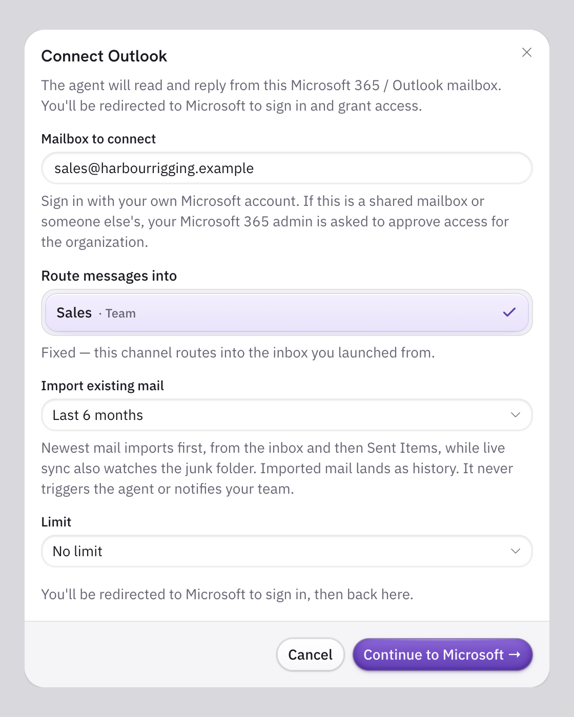 The Connect Outlook dialog in Volty, with the sales mailbox entered and the last 6 months of existing mail set to import.