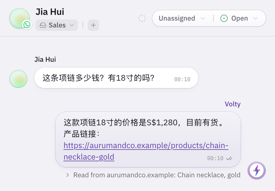 A WhatsApp chat at 12.10am where Volty answers a Chinese price question for an 18-inch necklace from the store's product page, with the product link and a line naming the page it read.