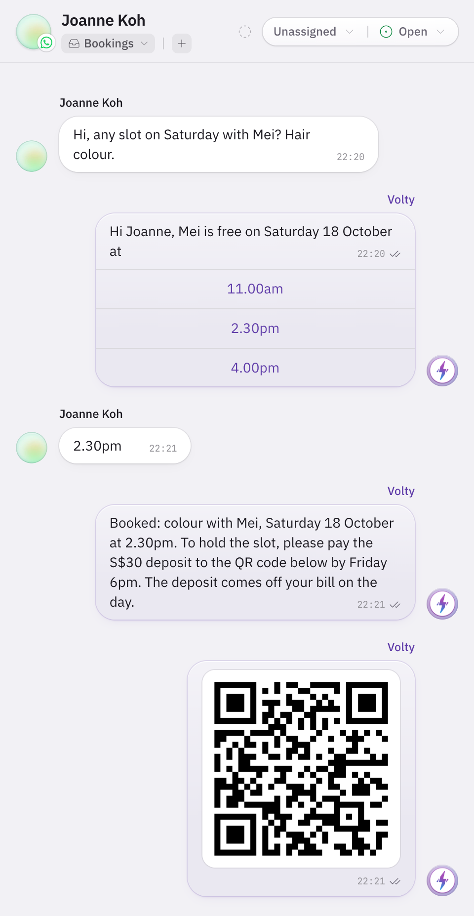 Volty offers a regular three Saturday slots with Mei as buttons, books the 2.30pm she taps, and sends the deposit rule with the salon's PayNow QR code.