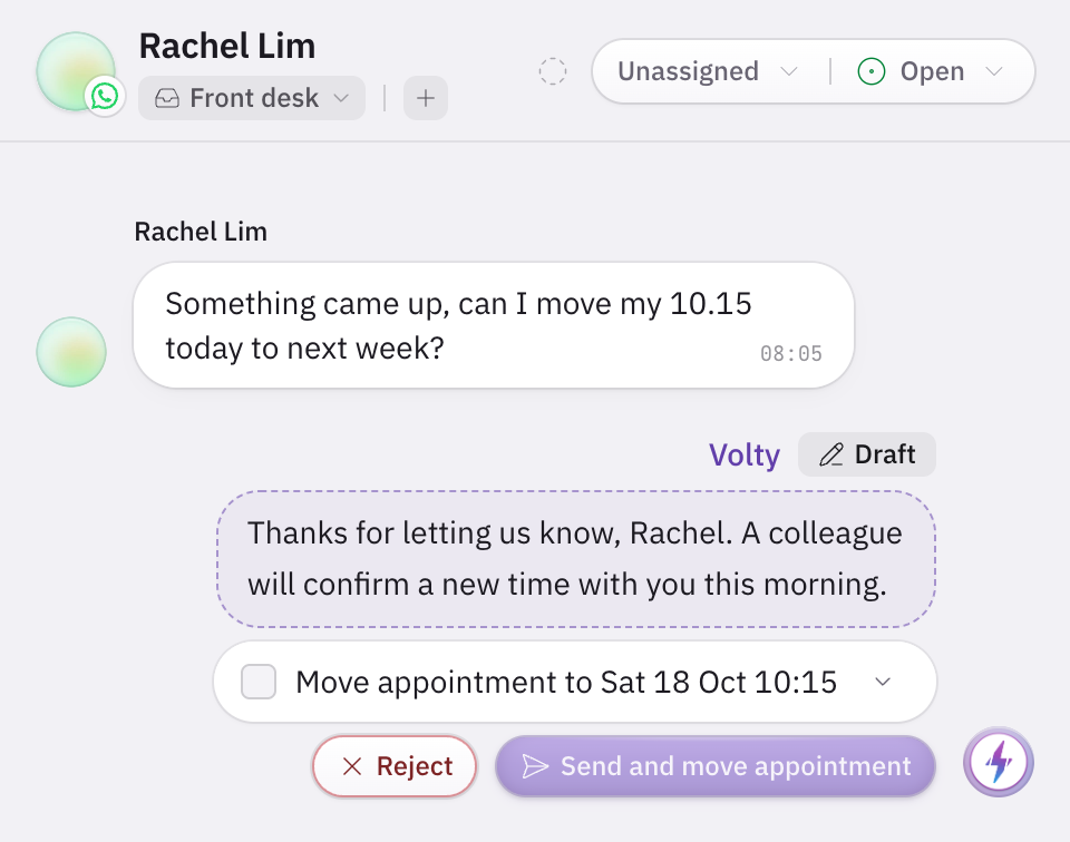 Volty's draft reply telling Rachel a colleague will confirm a new time, above the front desk's to-do to move her appointment, with Send locked until the to-do is ticked.