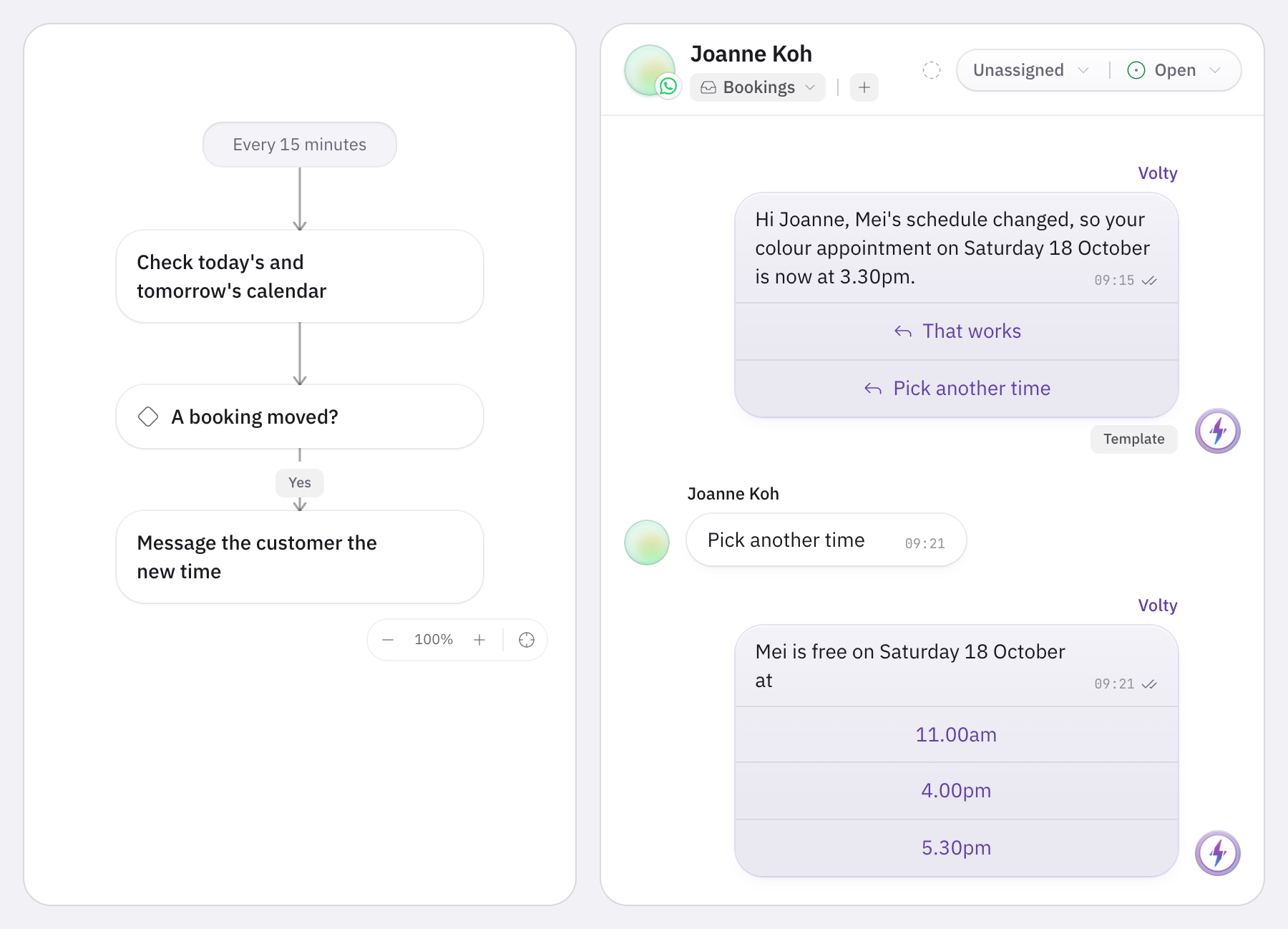 Volty's flow for an automation that checks the calendar every 15 minutes, beside the approved template telling Joanne her appointment moved to 3.30pm, with That works and Pick another time buttons.