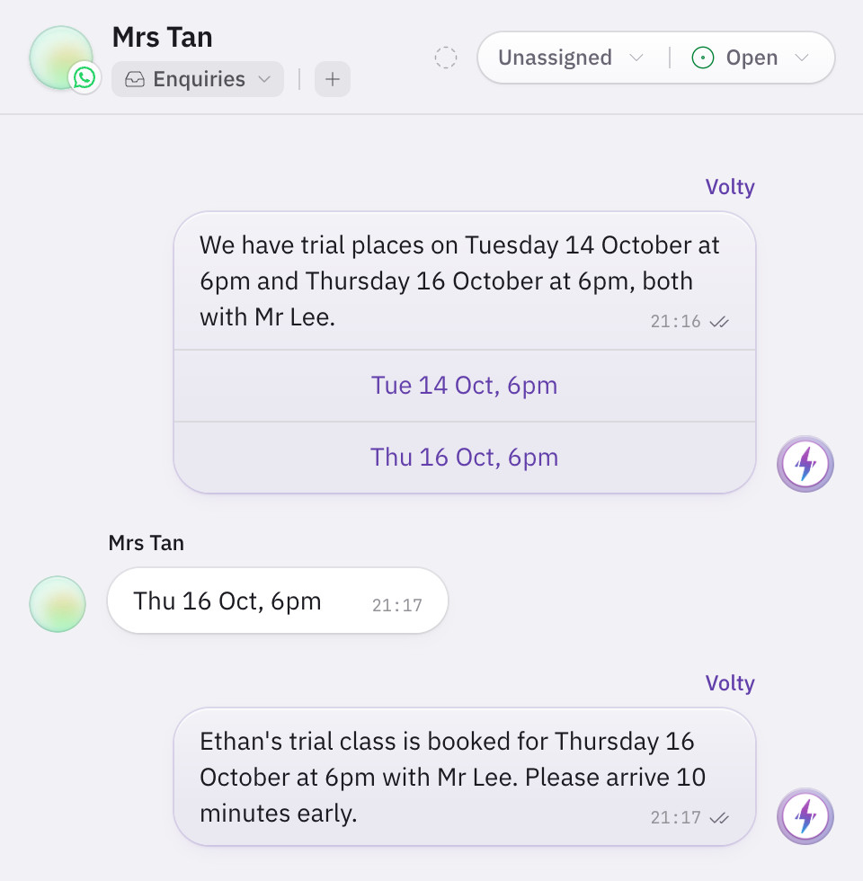 Volty offers trial places on Tuesday 14 and Thursday 16 October at 6pm as buttons, and confirms Ethan's trial class for Thursday 16 October at 6pm with Mr Lee.
