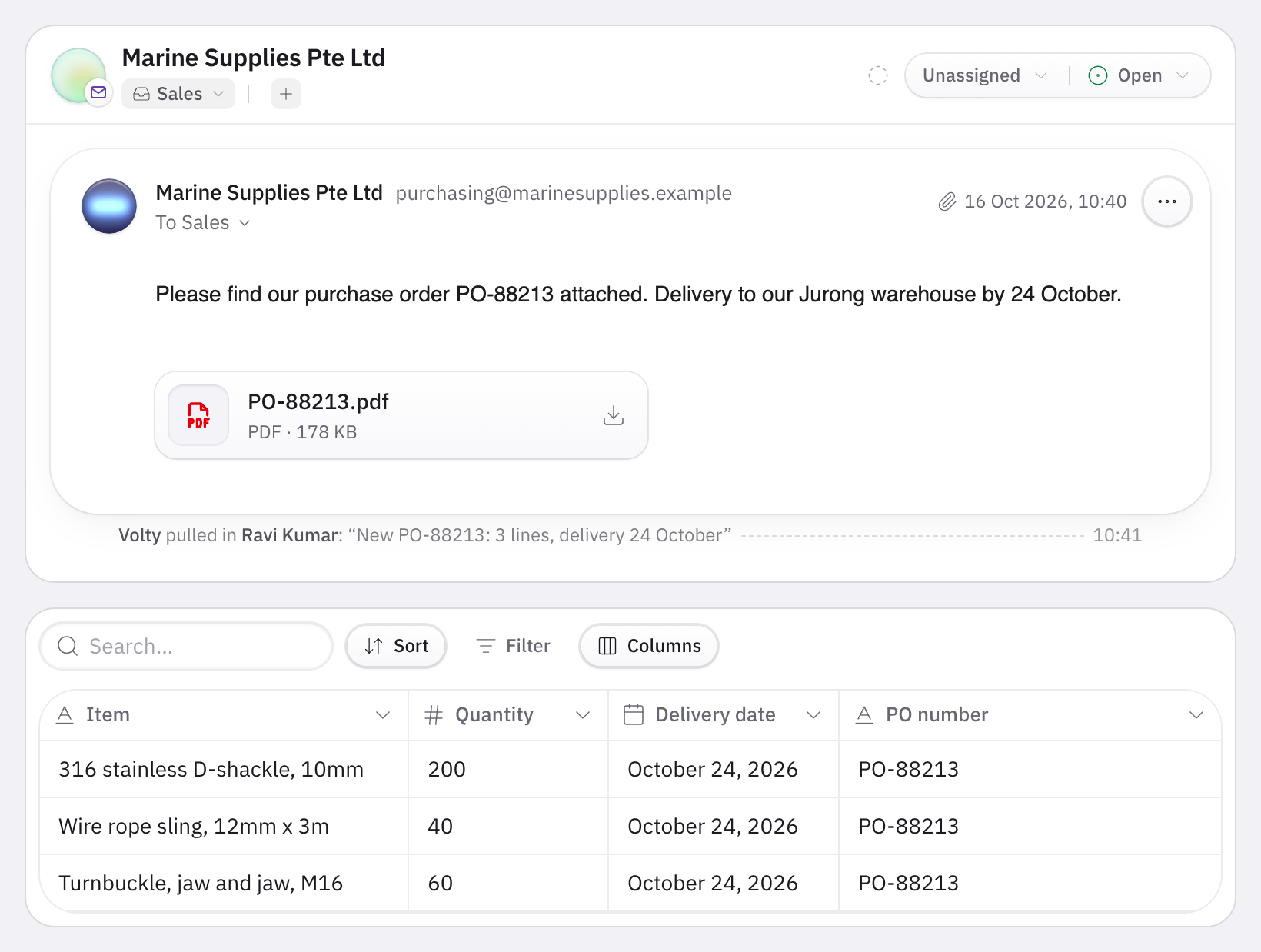 A purchase order emailed as a PDF, the warehouse lead brought into the conversation, and the order's three lines added to the orders table.