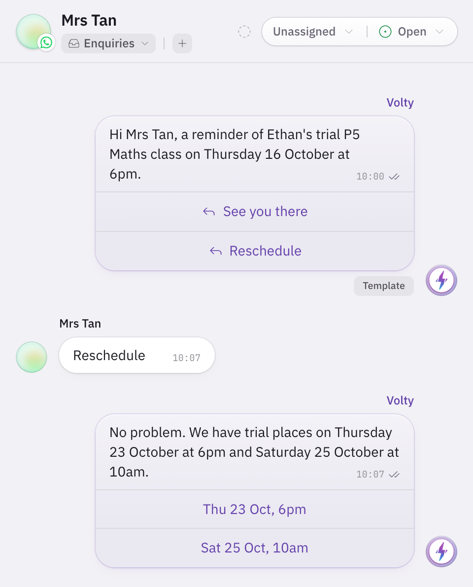 A template reminder of Ethan's trial P5 Maths class on Thursday 16 October at 6pm, with See you there and Reschedule buttons; the parent taps Reschedule and Volty offers two new slots.