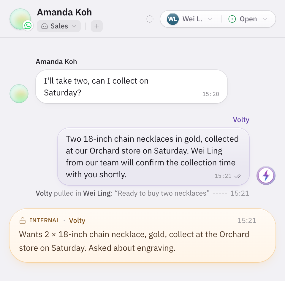 Volty confirms an order of two gold chain necklaces for Saturday collection, pulls in Wei Ling from the team and leaves an internal note summarising the chat.
