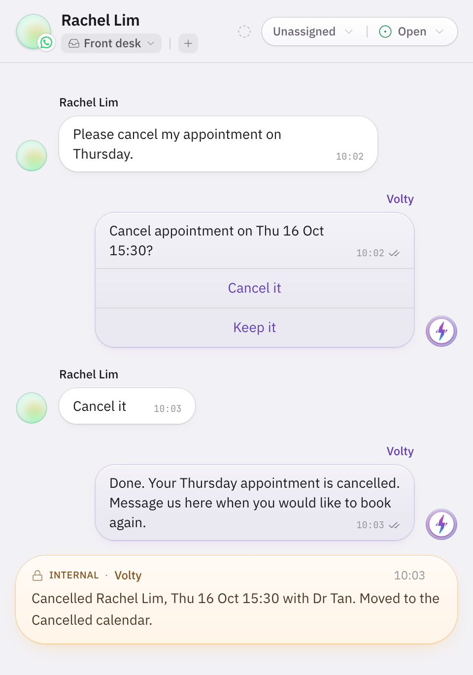 Volty asks the patient to confirm cancelling her Thursday 3.30pm appointment with Cancel it and Keep it buttons, confirms the cancellation, and leaves an internal note naming the patient, the time and the calendar.
