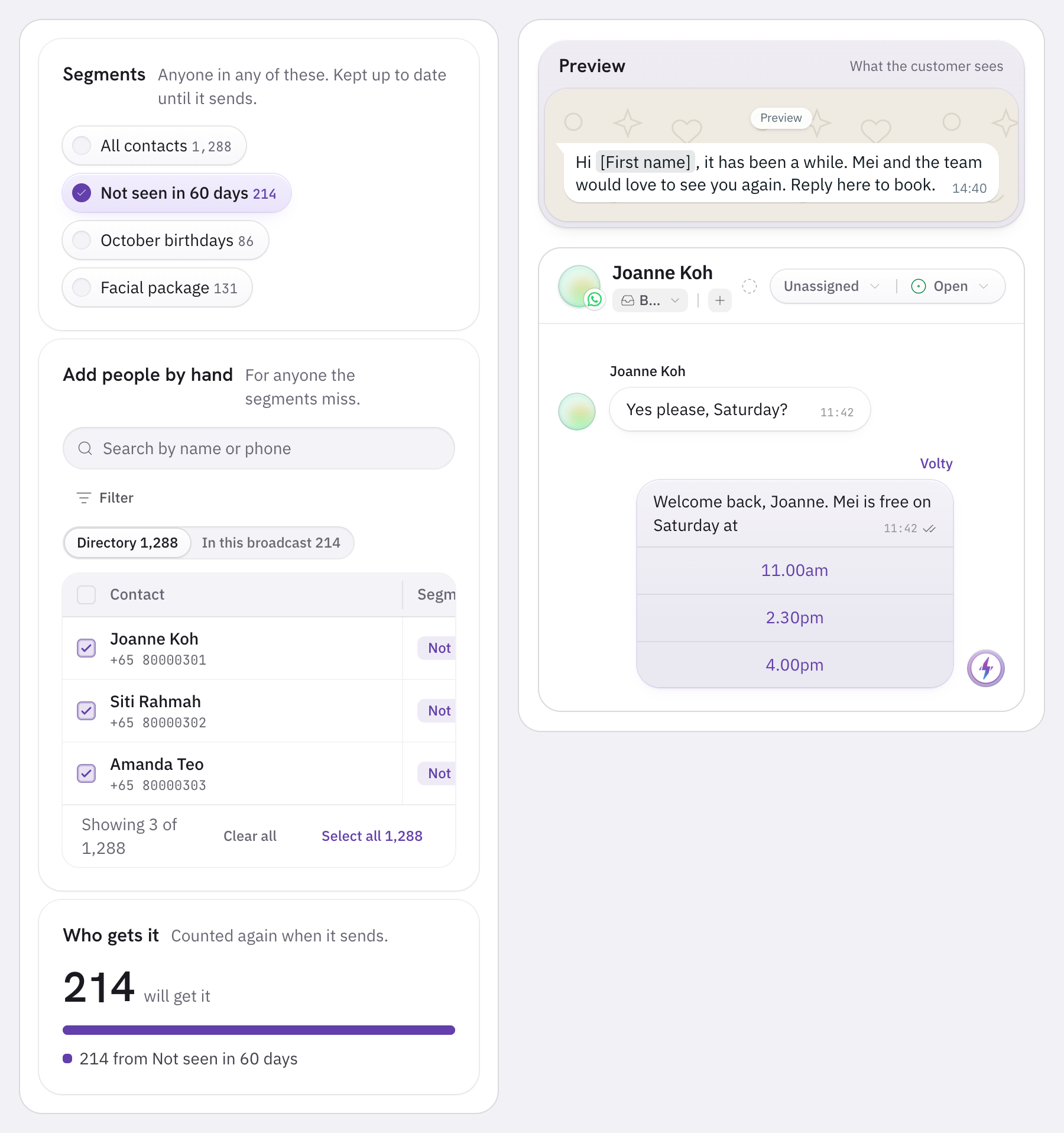 The broadcast composer with the Not seen in 60 days segment of 214 contacts chosen and the template preview, beside a regular's reply asking for Saturday and Volty offering slots.