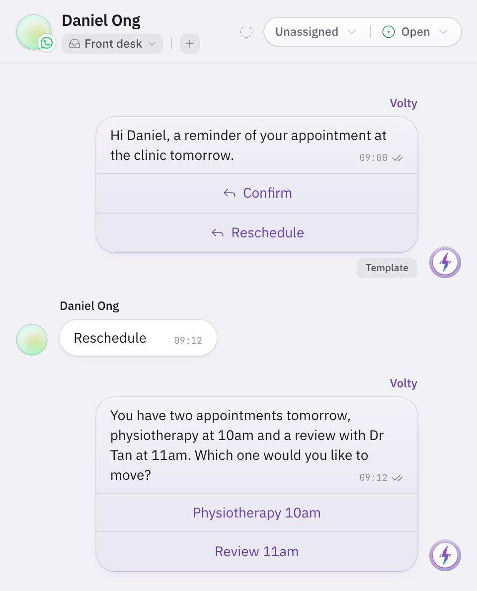 The reminder template with Confirm and Reschedule buttons; the patient taps Reschedule and Volty asks which of tomorrow's two appointments to move.