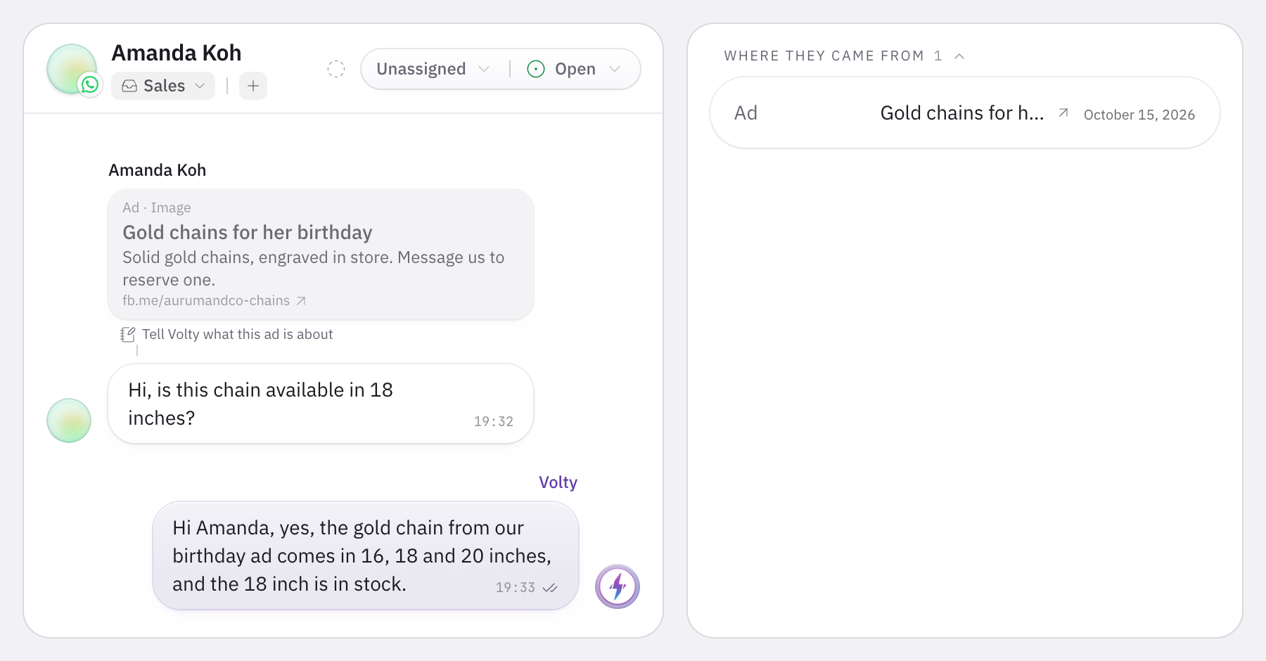 A chat that starts from a Click-to-WhatsApp ad, 'Gold chains for her birthday', shown above the customer's first message, beside the contact card listing the ad they came from and the date.