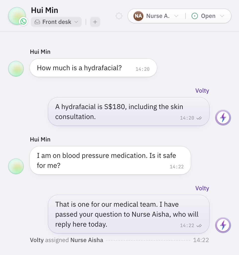 Volty answers a hydrafacial price question, then passes a question about blood pressure medication to Nurse Aisha and assigns her the conversation.