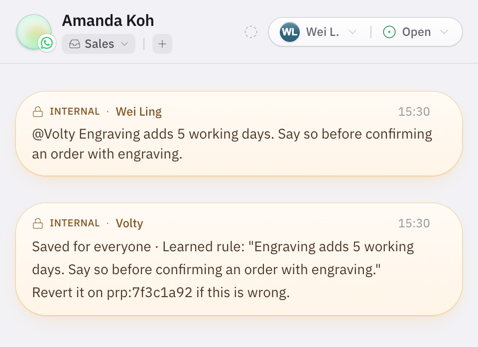 A teammate tells Volty a store rule in an internal note, and Volty saves it for everyone at once and posts a receipt with a way to revert it.
