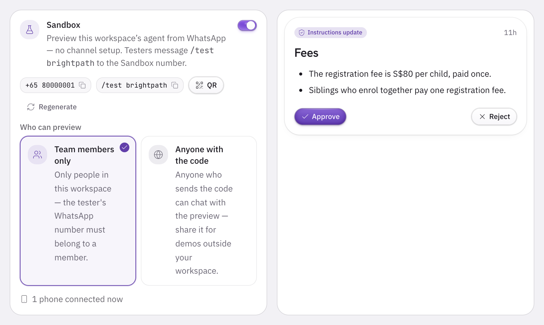 The Sandbox card with the test number and its code for trying Volty from WhatsApp, beside last night's review proposal, a single registration fee for siblings who enrol together, waiting for an admin to Approve or Reject.