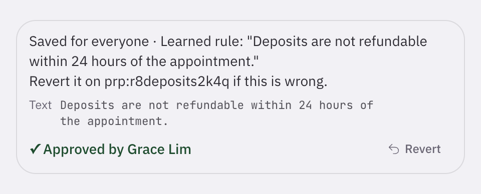 Volty saves the owner's correction, that deposits are not refundable within 24 hours of the appointment, as a rule for everyone, with a Revert button.