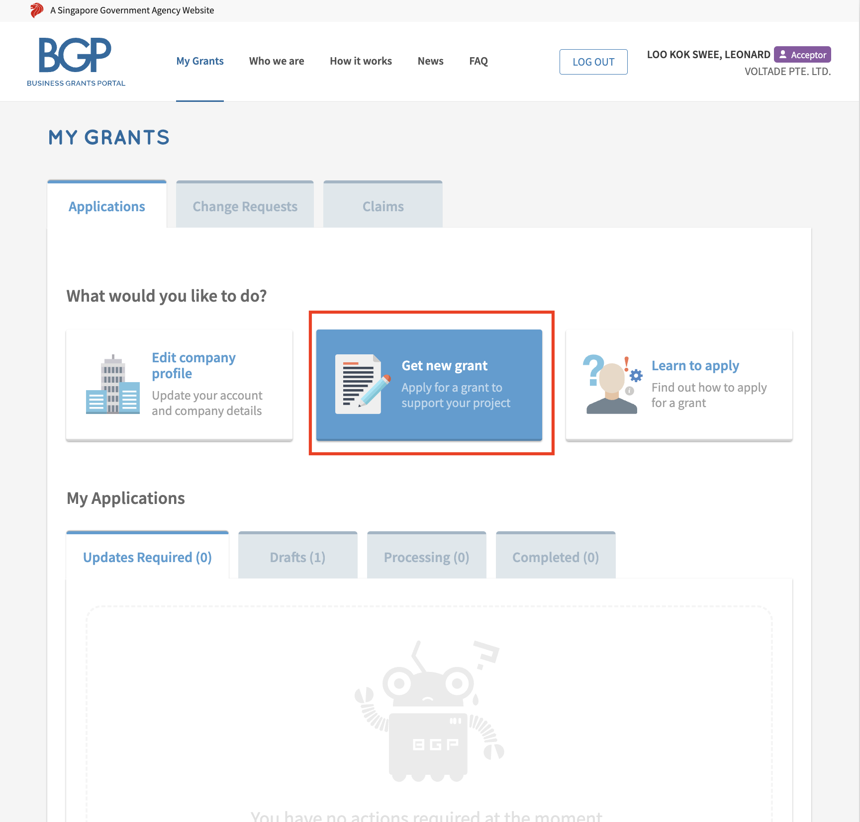 Business Grants Portal — My Grants screen with the 'Get new grant' button highlighted.