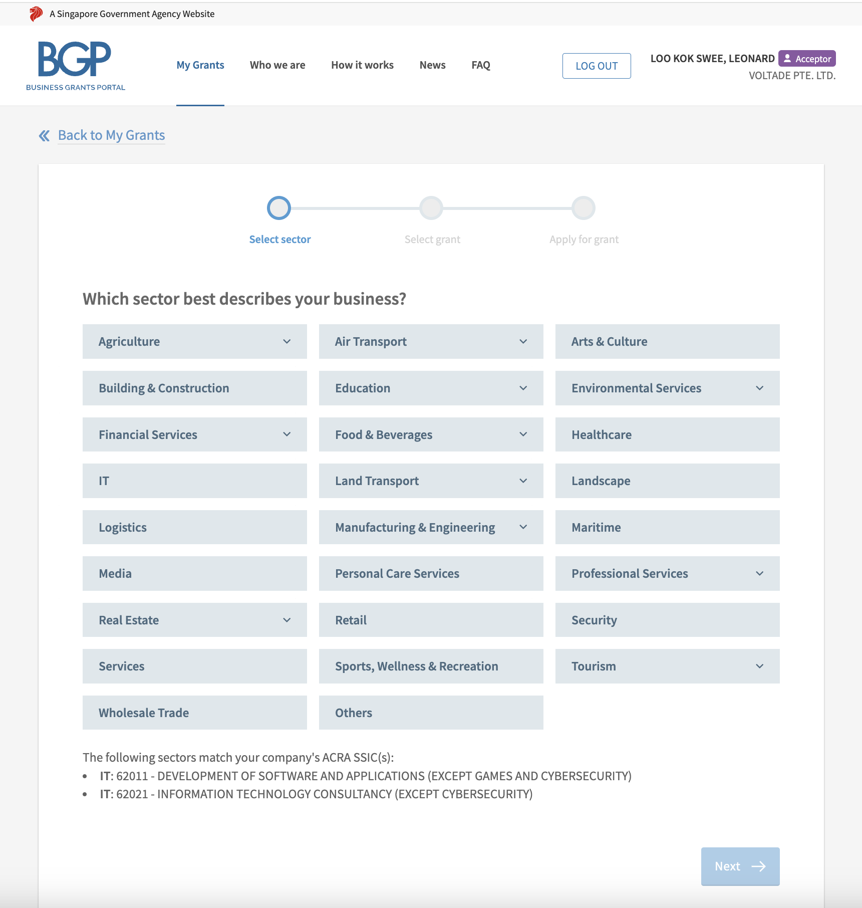 Business Grants Portal — sector selection screen.