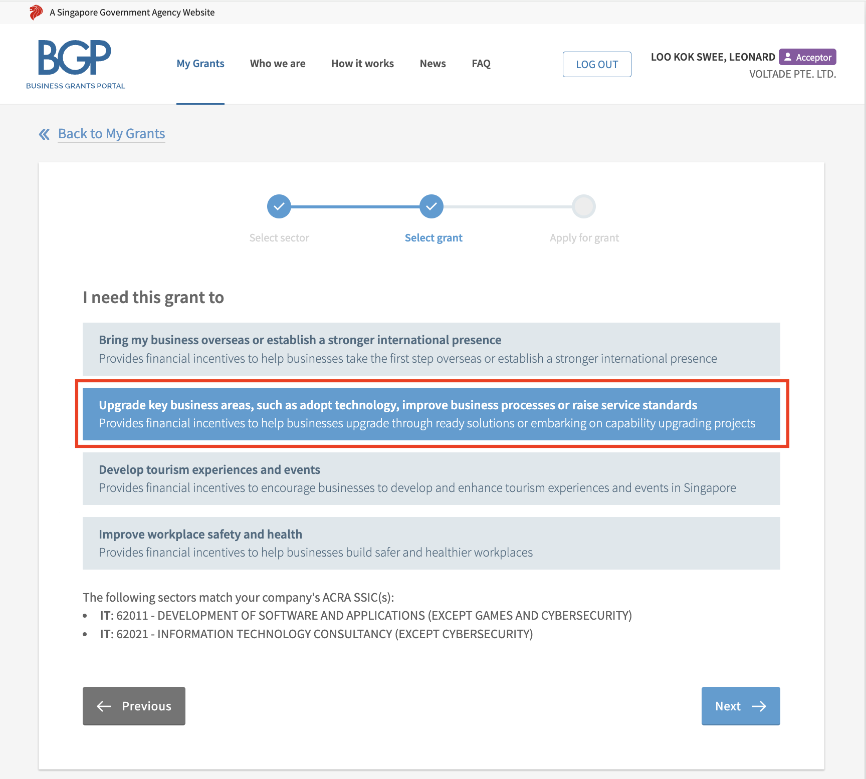 Business Grants Portal — the 'Upgrade key business areas' option, second in the list.