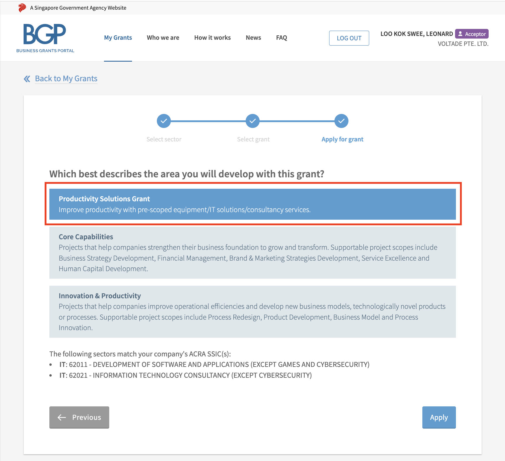 Business Grants Portal — Productivity Solutions Grant option selected.