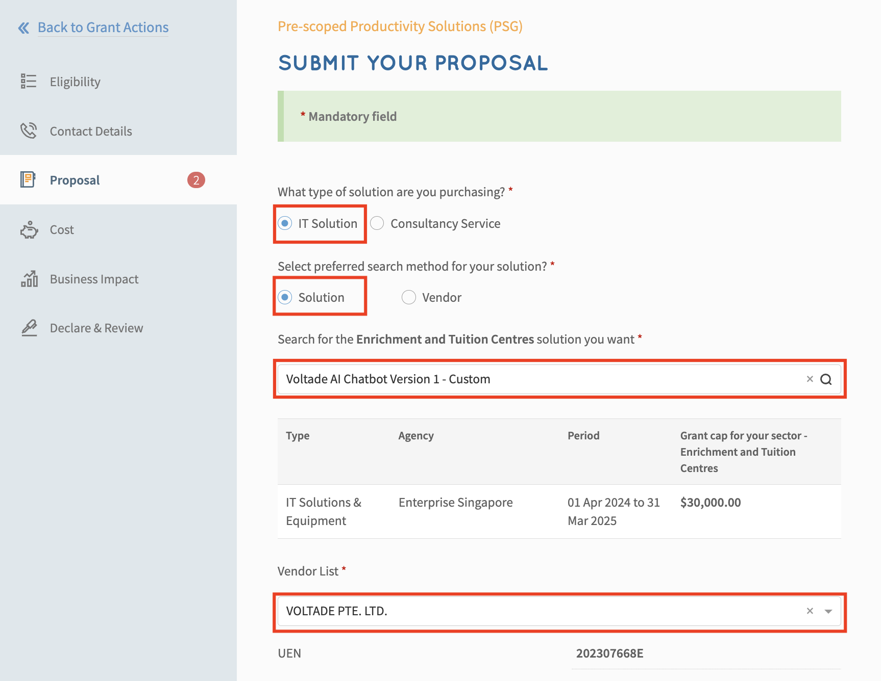 Business Grants Portal — Proposal section filled with Voltade AI Chatbot Version 1 and VOLTADE PTE. LTD.
