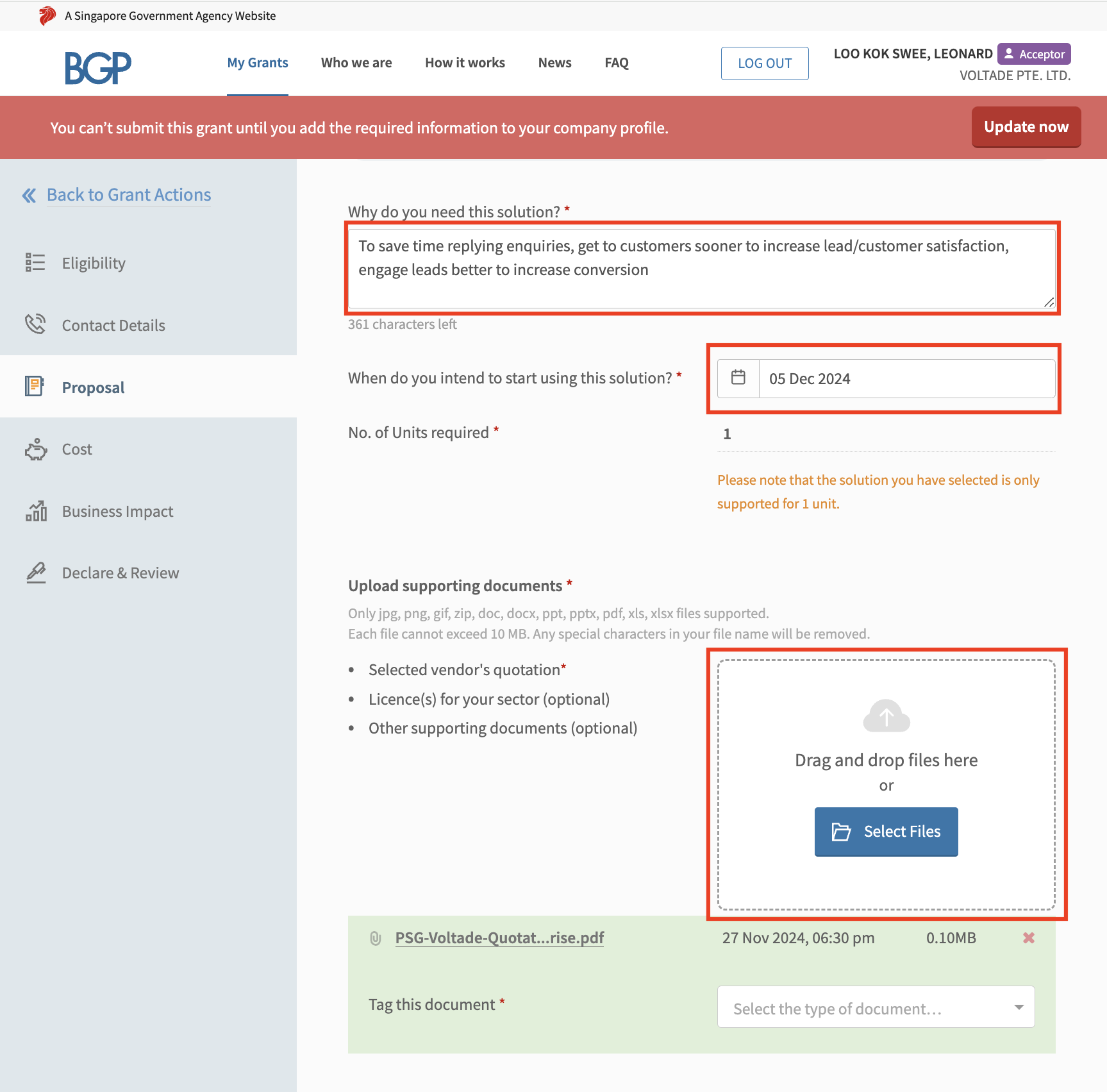 Business Grants Portal — rationale, anticipated start date, and quotation upload fields.