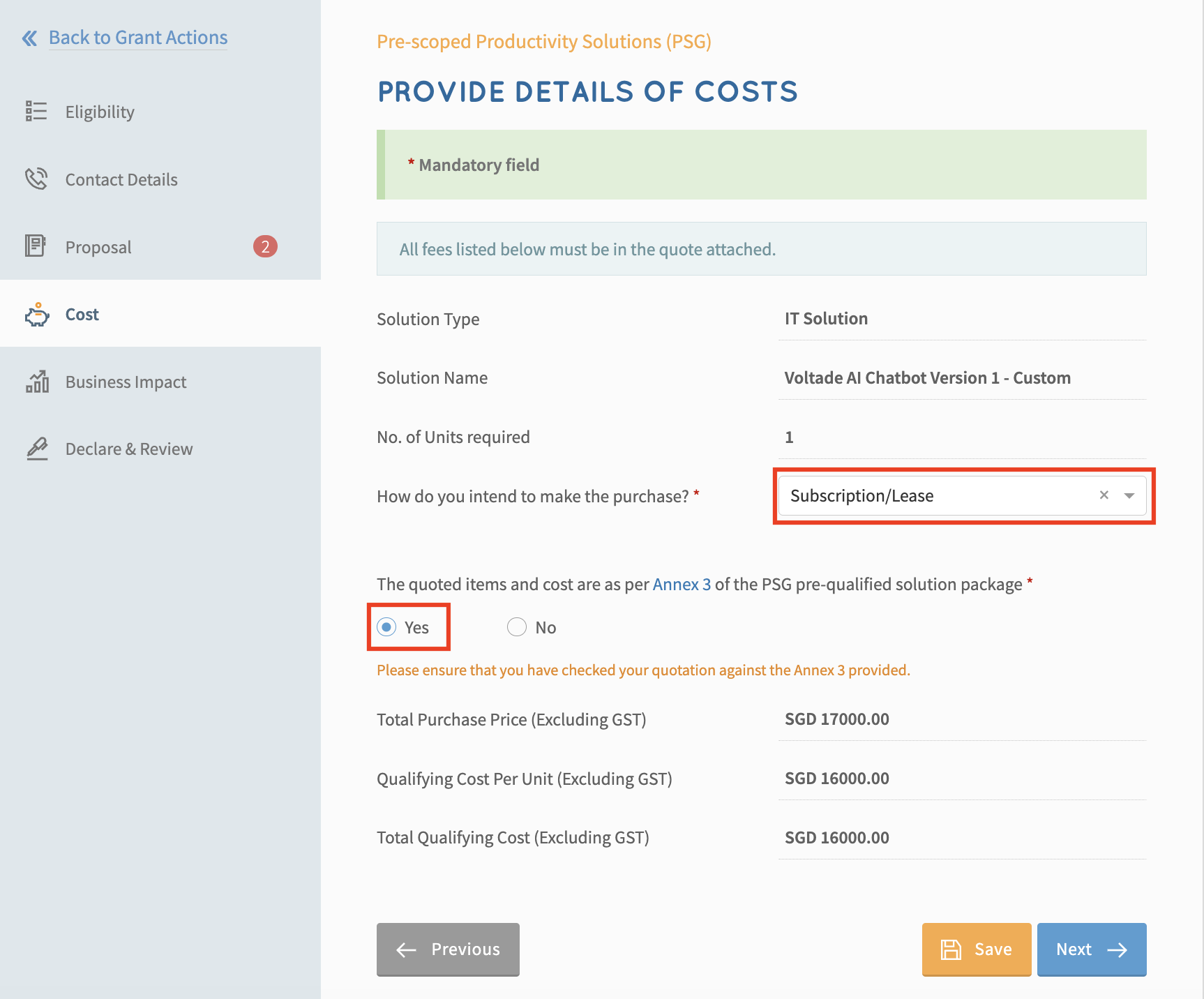 Business Grants Portal — Cost section with Subscription/Lease selected and PSG listing alignment confirmed.
