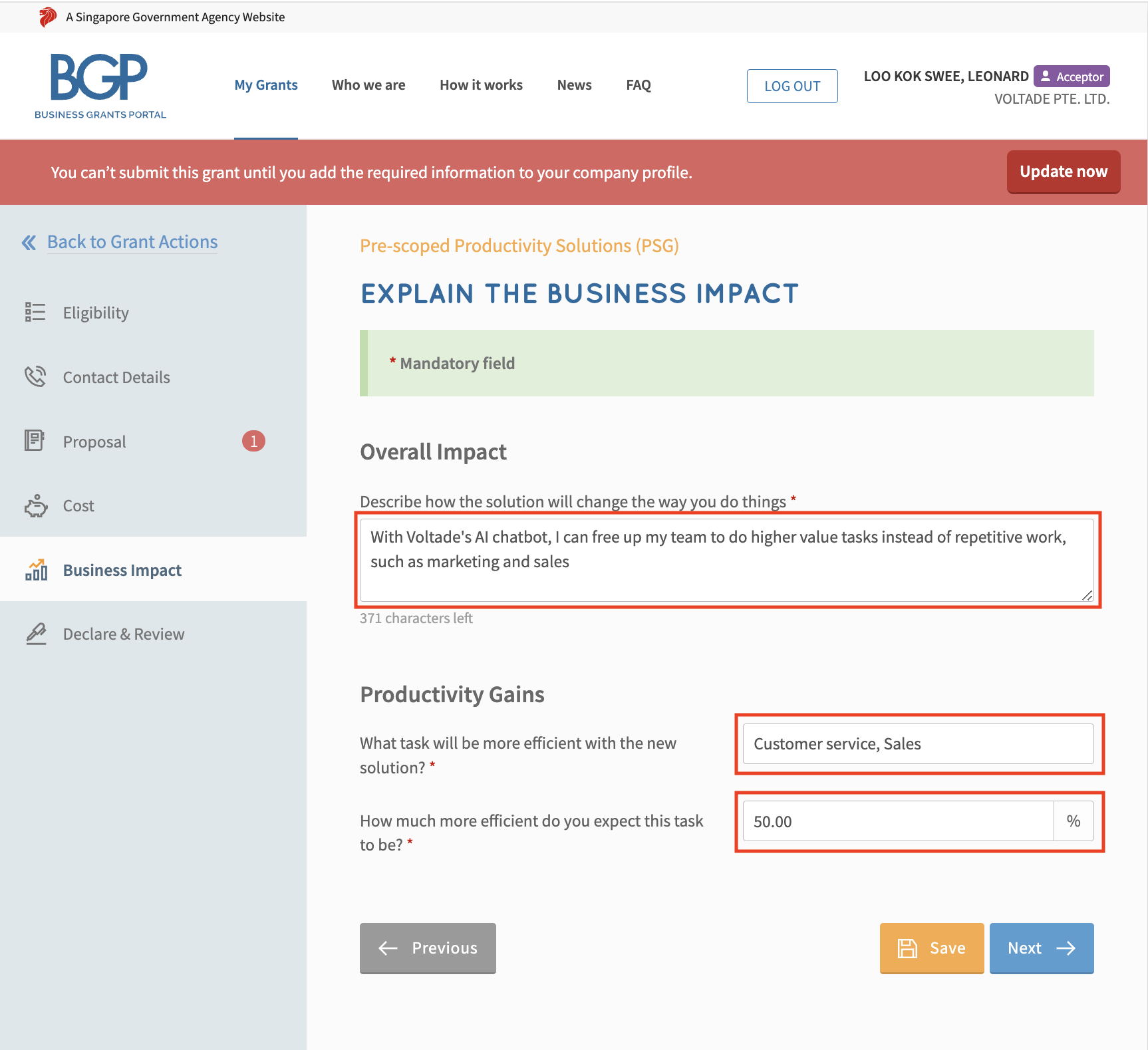Business Grants Portal — Business Impact section with productivity gains by department.