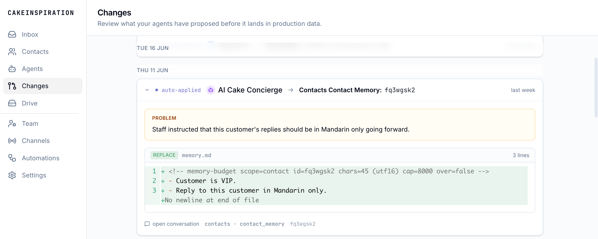 Cake Inspiration's Changes dashboard showing the AI Cake Concierge proposing a memory.md patch ('Reply to this customer in Mandarin only') for review before it lands in production data.