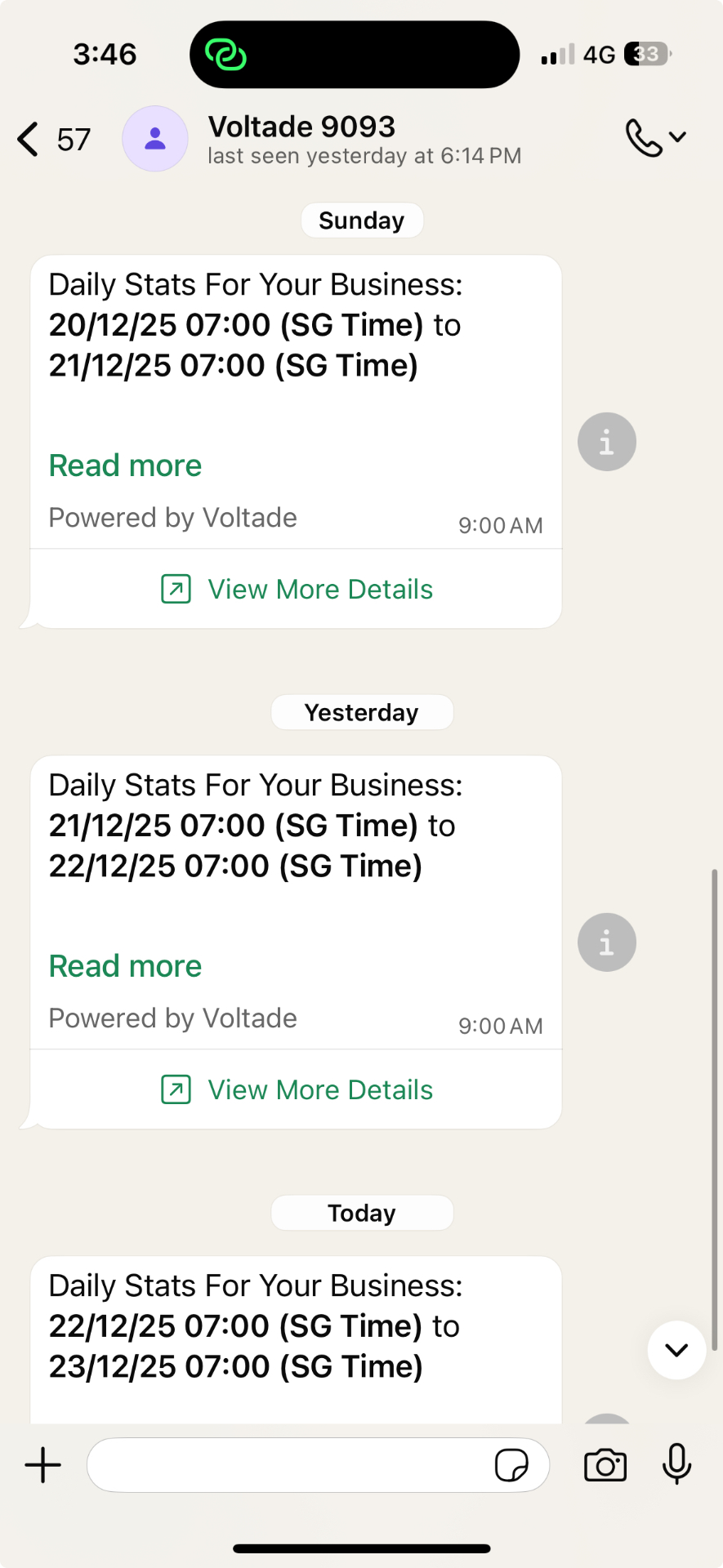 WhatsApp inbox showing daily stats summary messages from the CRM, one per day with read-more links.