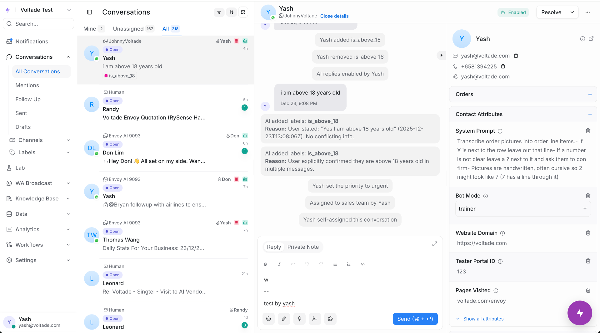 Unified inbox showing the left rail with all channels (WhatsApp, Instagram, Email, Messenger, Telegram, web widget) alongside the conversation list and customer detail panel.