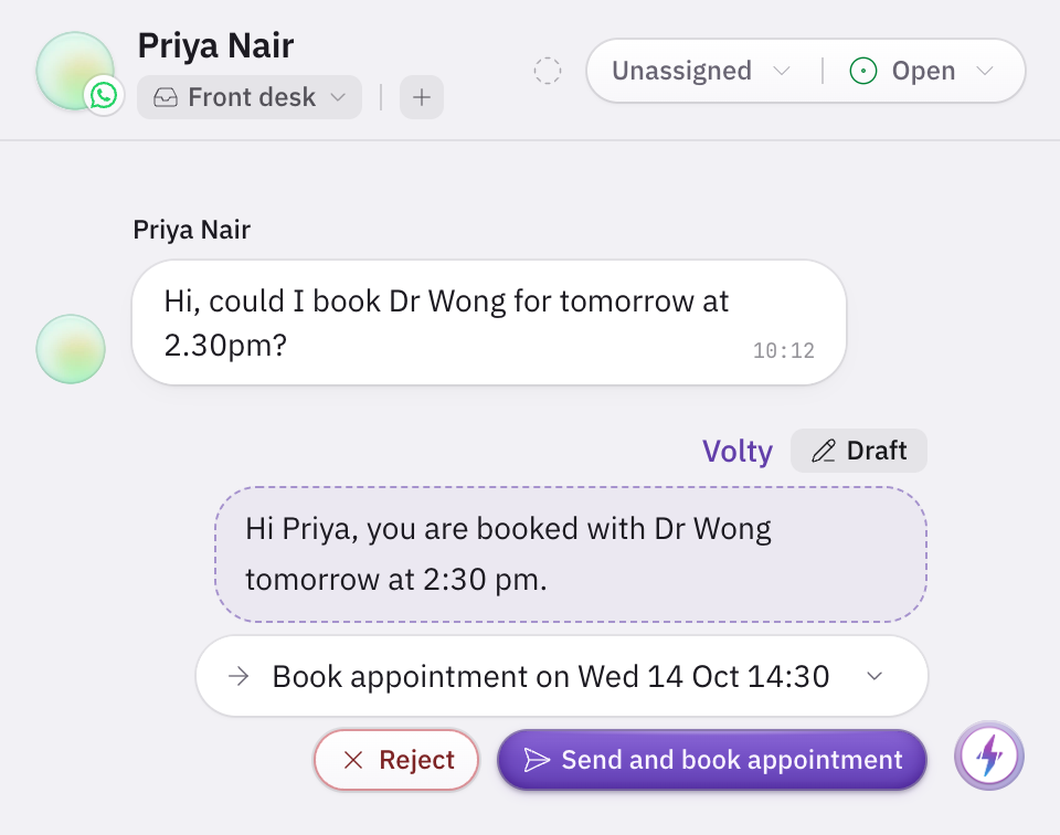 A draft reply in Volty that tells the patient they are booked, with the booking held under it and a button to send the reply and book the appointment.