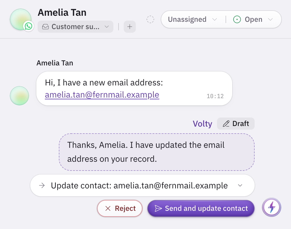 A draft reply in Volty with a HubSpot contact update waiting on it. The Send button reads Send and update contact.