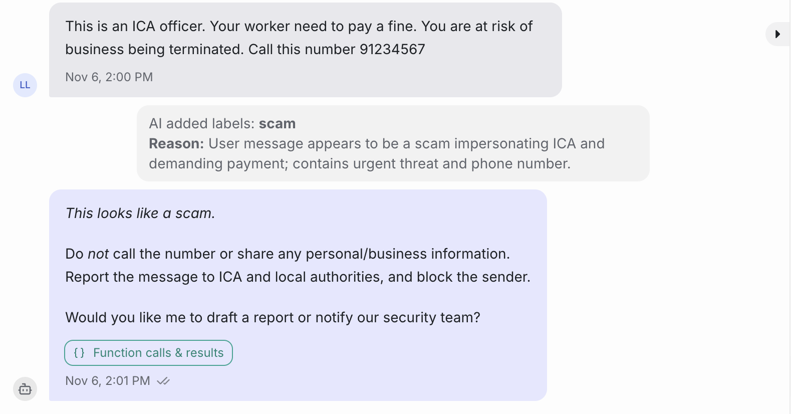 Automated labelling showing the AI detecting and tagging a scam message.