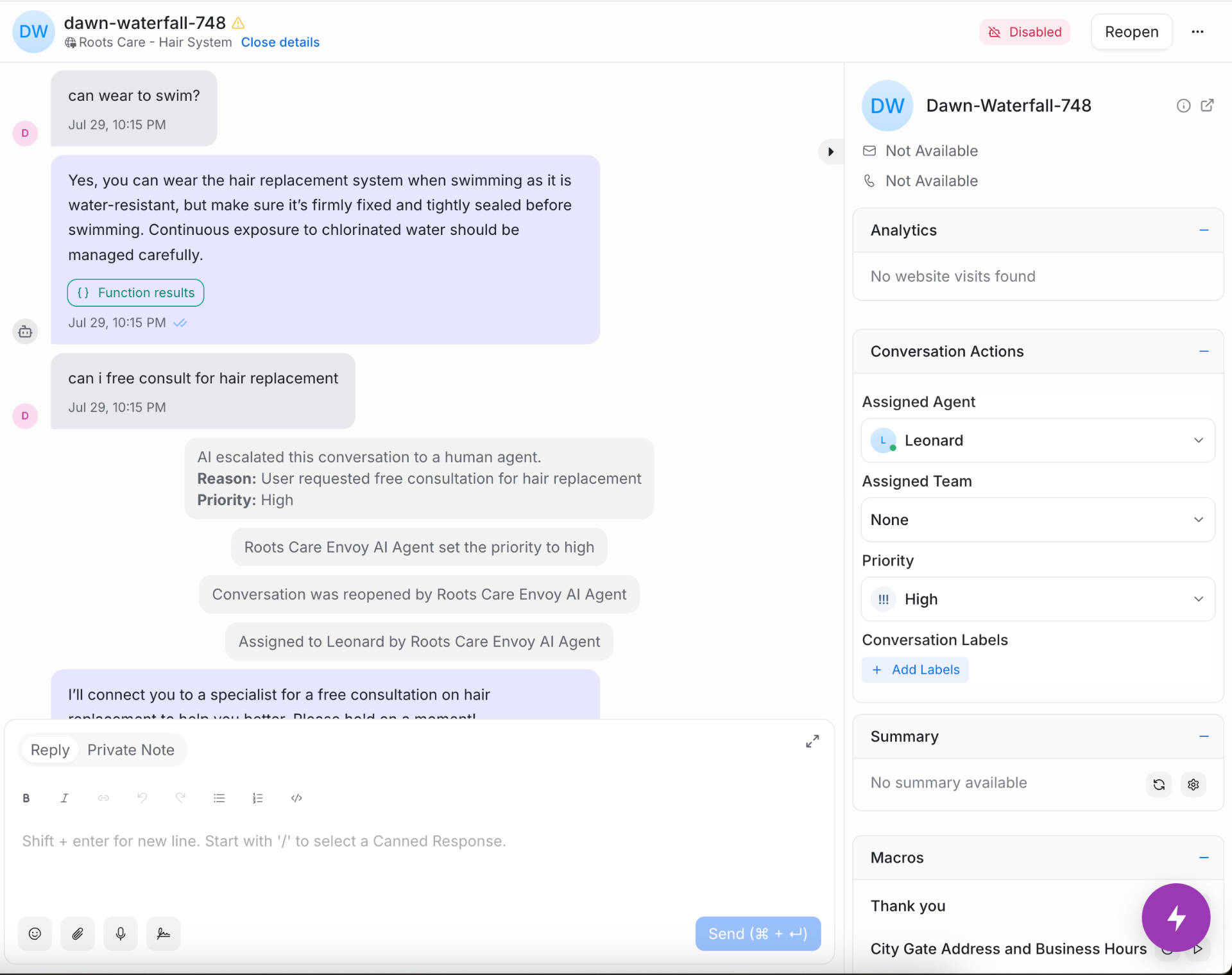 Voltade agent handing off a complex case to a human teammate with a structured conversation summary