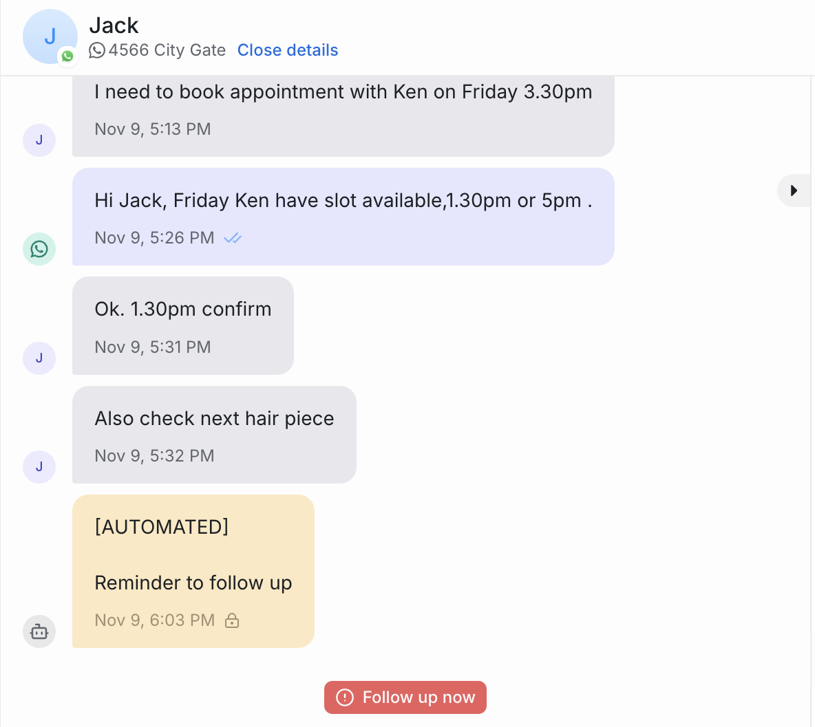 WhatsApp conversation ending with an automated reminder ping and a 'Follow up now' button.