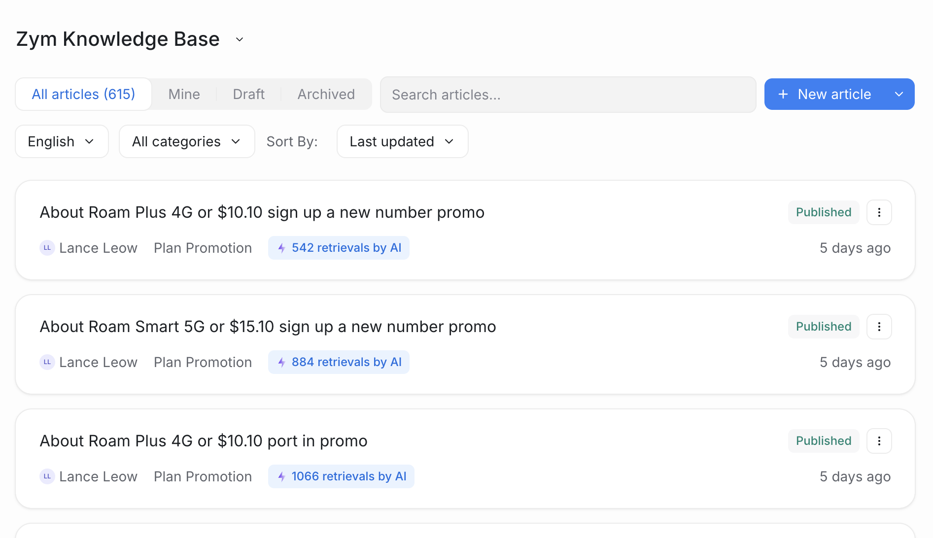 Voltade knowledge base showing uploaded SOPs and FAQs feeding the AI agent
