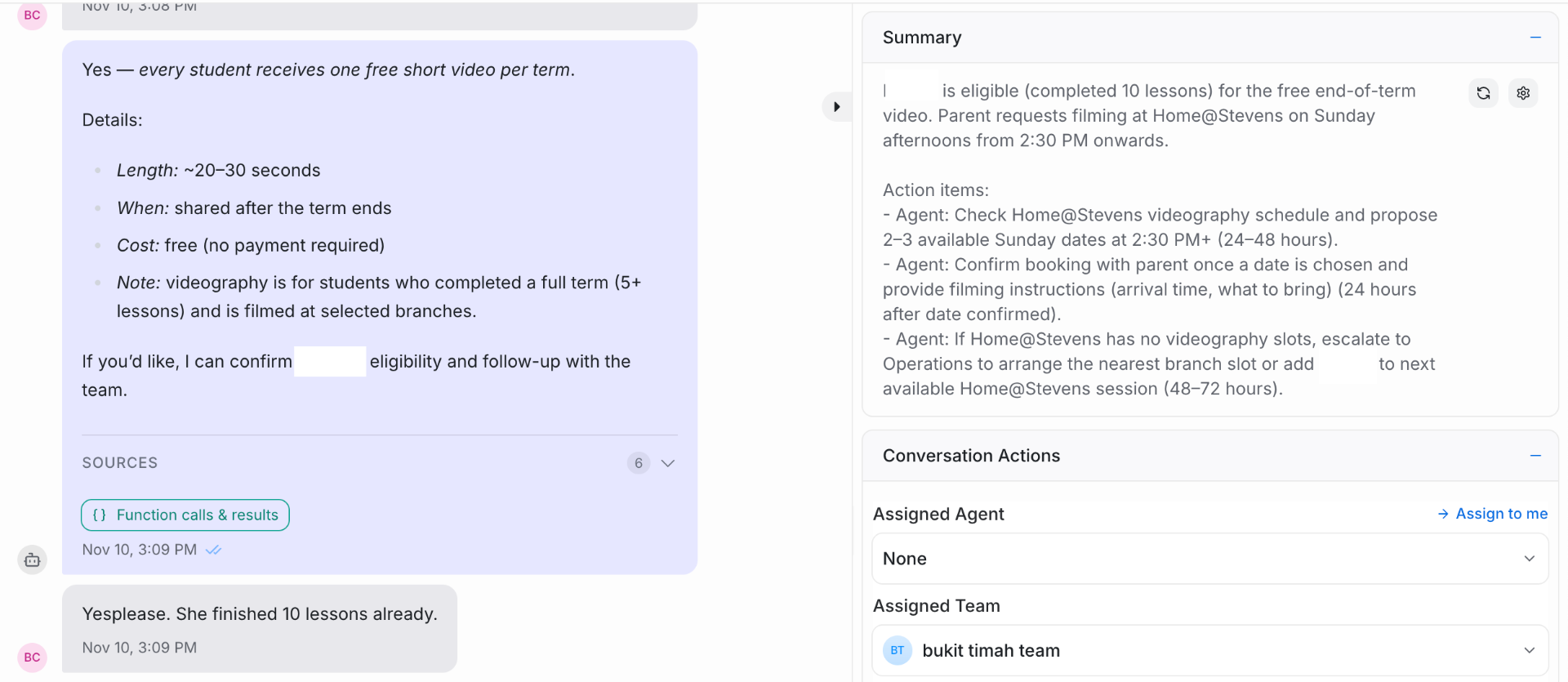 Auto-generated conversation summary showing key details, action items, and next steps.