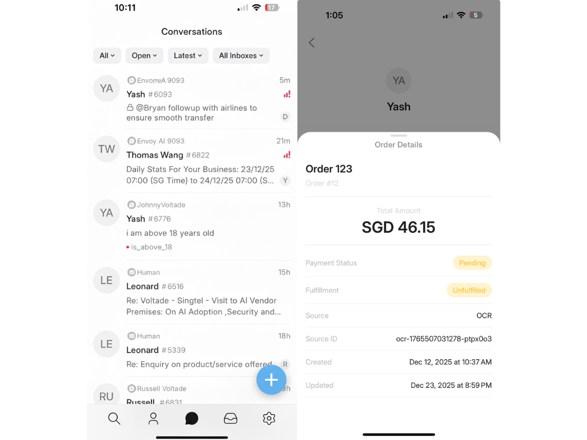 Mobile app showing the agent inbox with personal signature toggle.