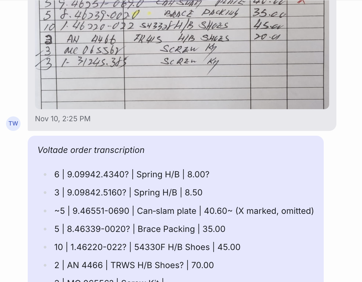 Handwritten order form read and converted to a structured order by the AI.