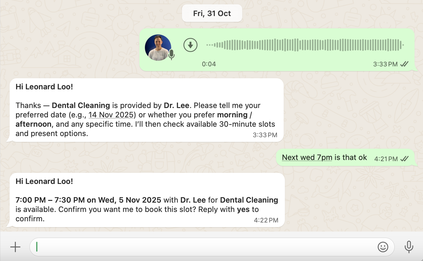 WhatsApp voice message transcribed inline under the message.