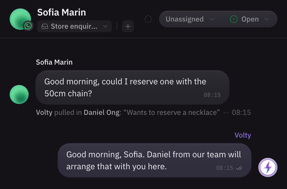 The conversation in Volty the next morning. The customer asks to reserve a necklace with a longer chain, and Volty brings in a named member of staff.