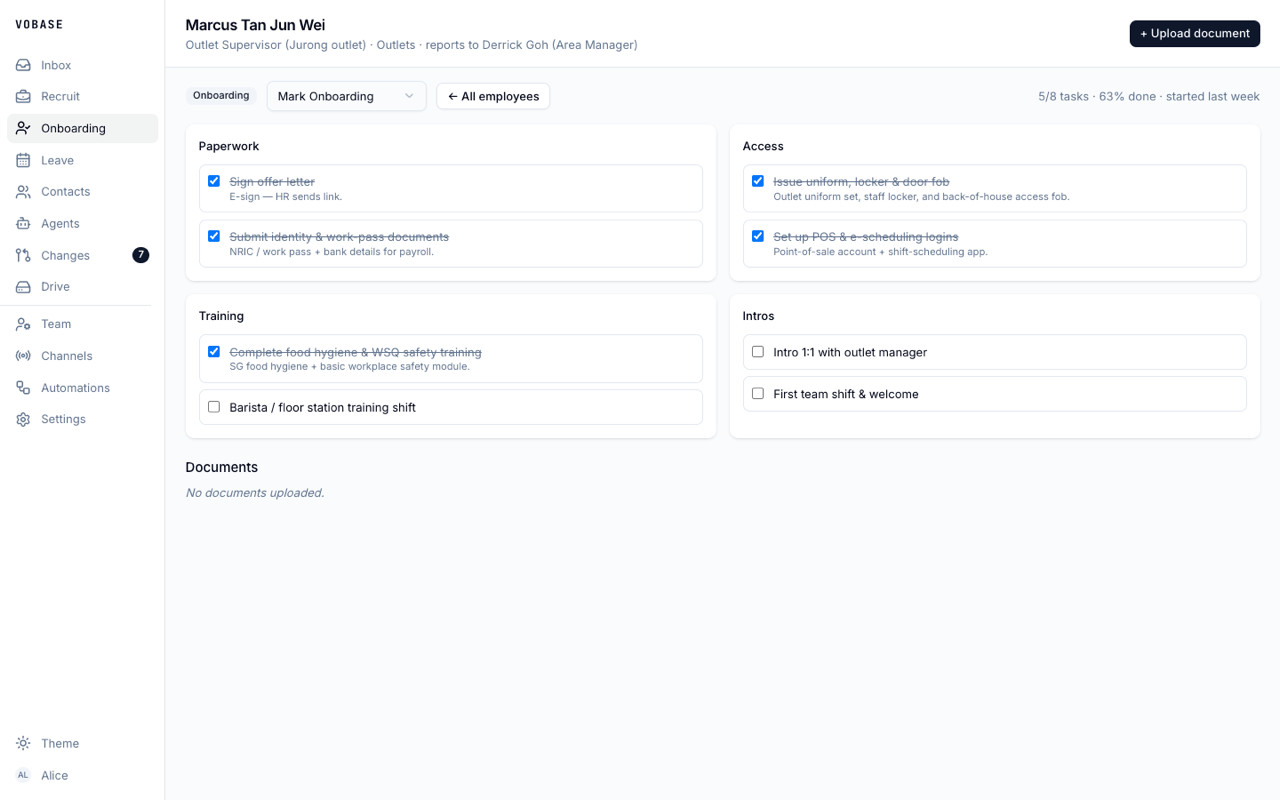 Onboarding checklist — paperwork, access, training and intros tracked per new hire