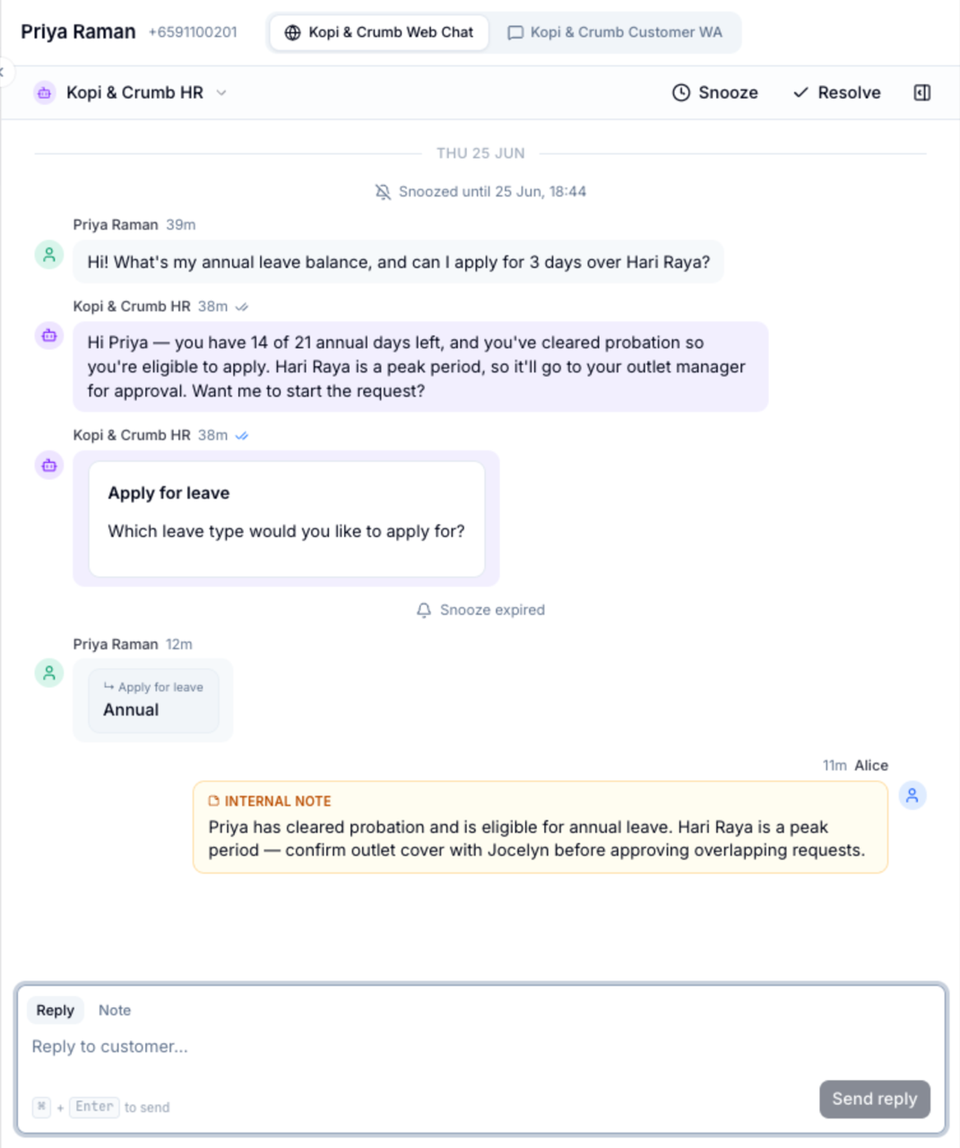 WhatsApp employee self-service — an agent answering a leave-balance question from policy