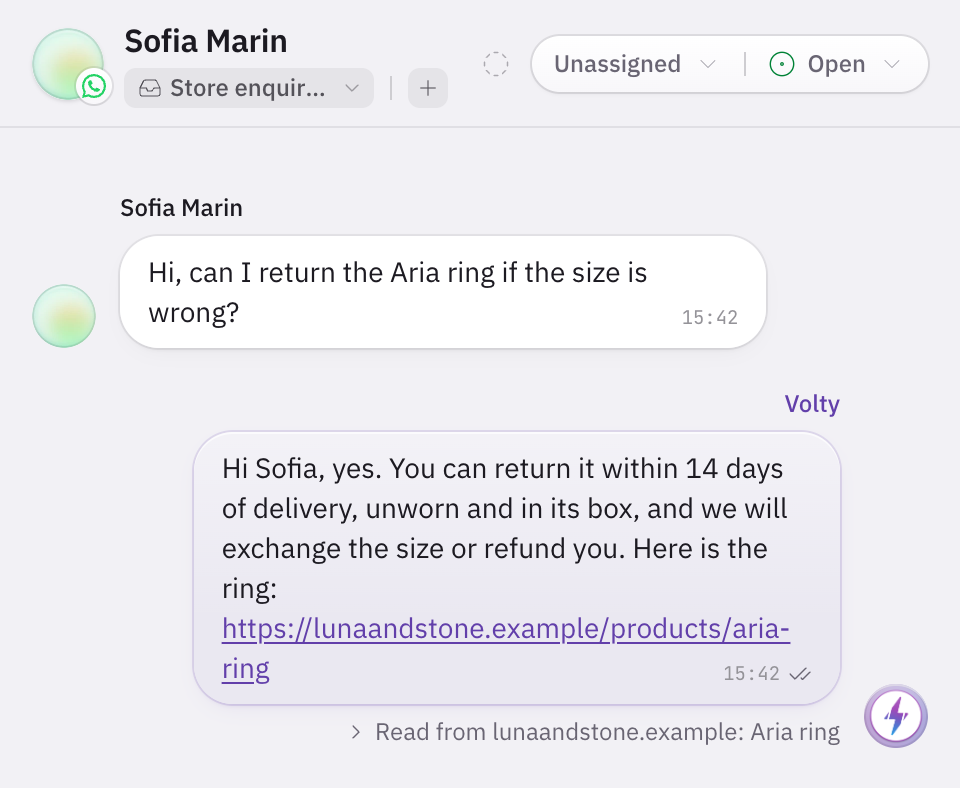 A WhatsApp conversation in Volty. The customer asks whether she can return a ring if the size is wrong, and Volty answers from the store's returns policy and sends the link to the ring's product page.