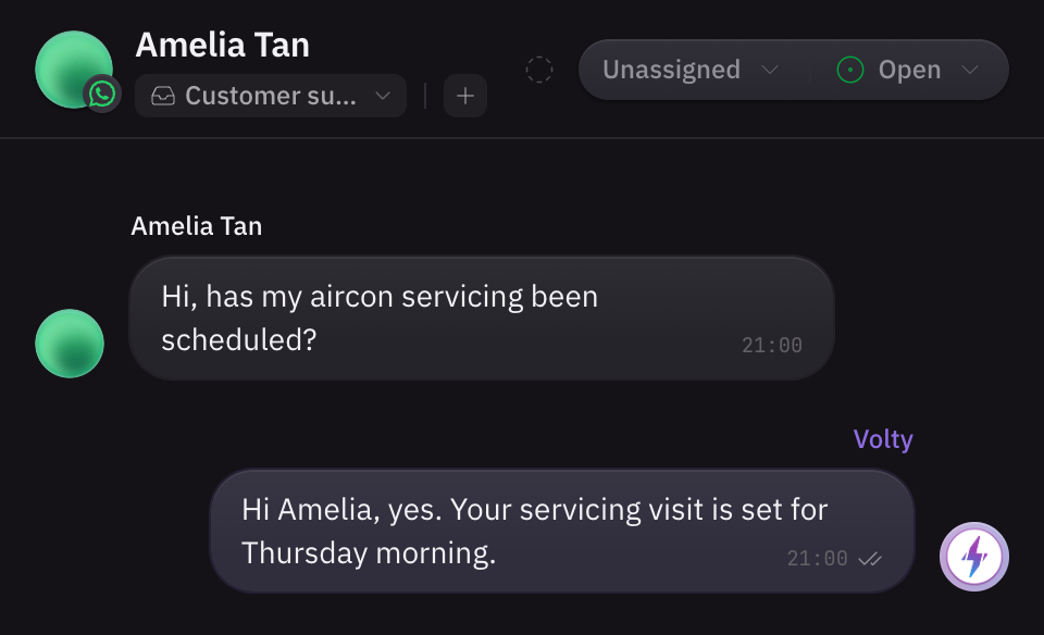 The conversation in Volty. At 9pm the customer asks whether their aircon servicing has been scheduled, and Volty answers that the visit is set for Thursday morning.