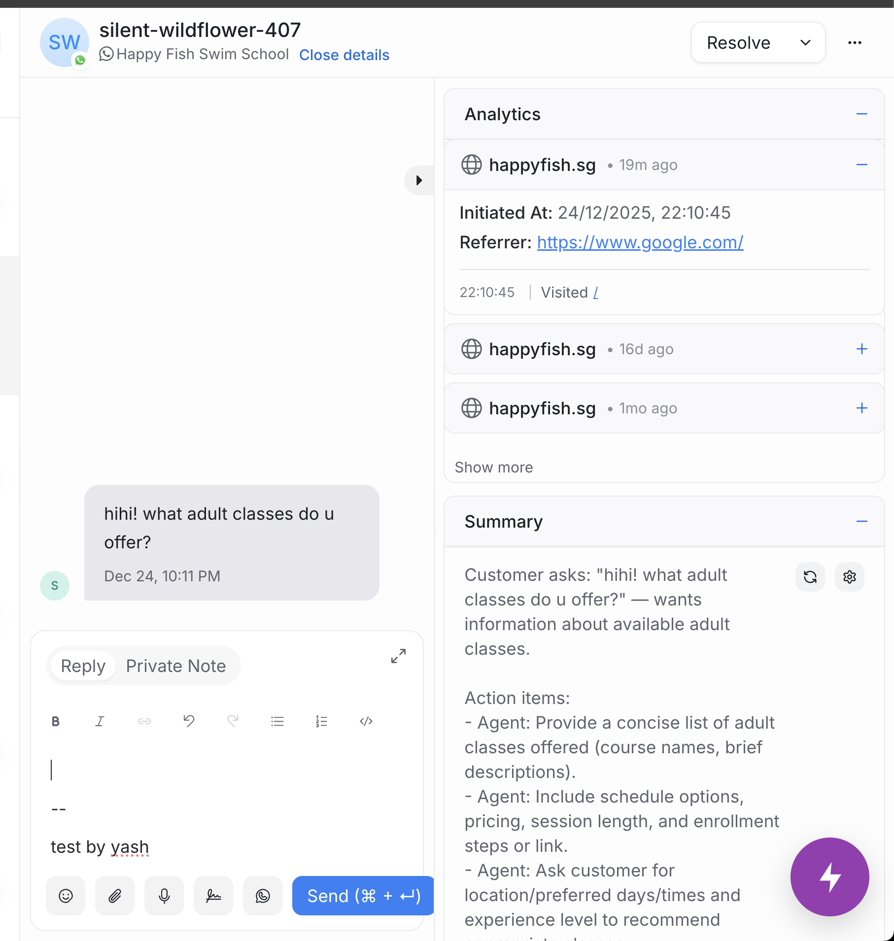 Voltade CRM showing a WhatsApp conversation with the full source trail captured: ad, campaign, page, referrer