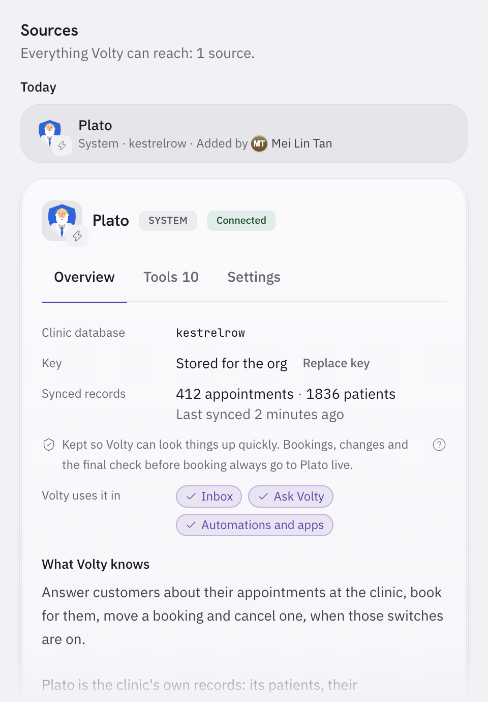 The Sources page in Volty with Plato connected. It shows the clinic database, the API key stored for the organisation, the synced appointments and patients, and where Volty uses the source.