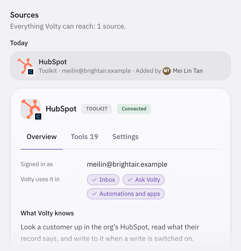 The Sources page in Volty with HubSpot added and connected, signed in with a HubSpot account.