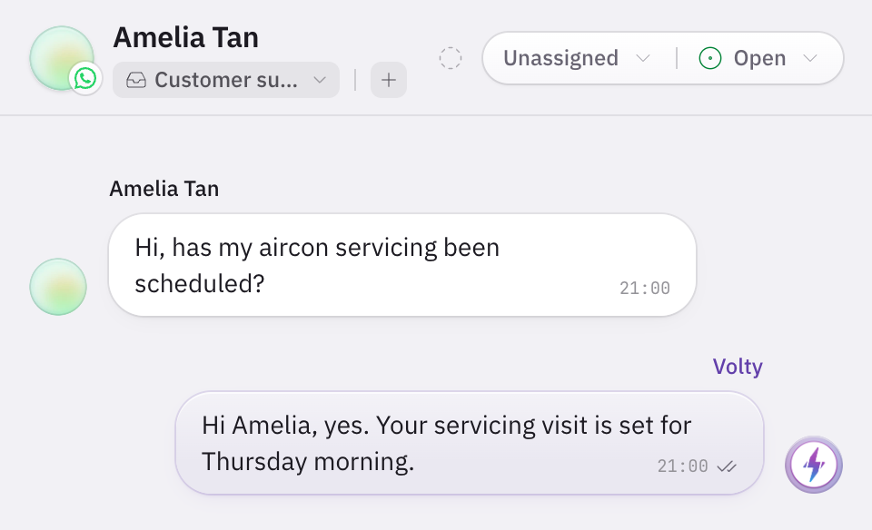 A WhatsApp conversation in Volty. The customer asks whether their aircon servicing has been scheduled, and Volty answers that the visit is set for Thursday morning.