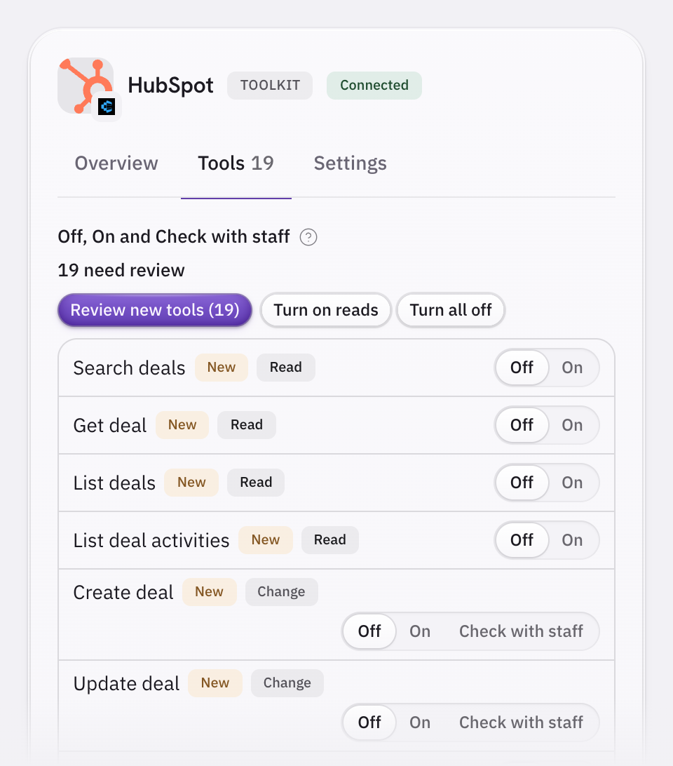 HubSpot's tools in Volty, each with its own switch and every switch Off. Tools that only read are marked Read, tools that change a record, such as Create deal, are marked Change, and one button turns the reads on.